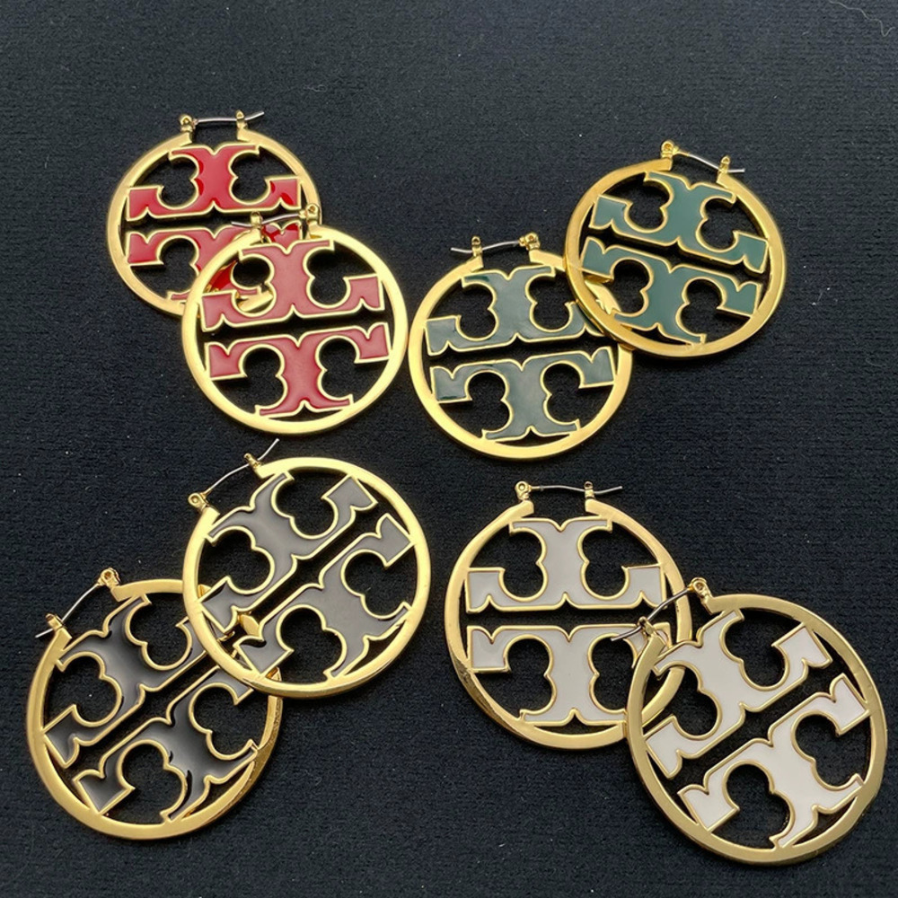 Tory Burch Gold Plated Enamel Large Hoop Drop Earrings